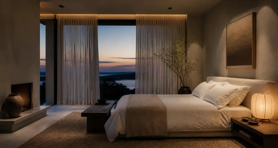 A dim, calm bedroom at night with soft ambient light