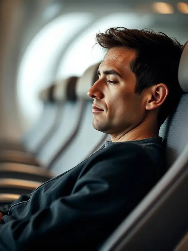 Traveller resting on a long-haul flight wearing a blackout sleep mask